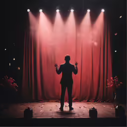 a man standing on a stage with red curtains behind him