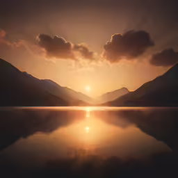 a couple of boats sitting in a lake during sunset