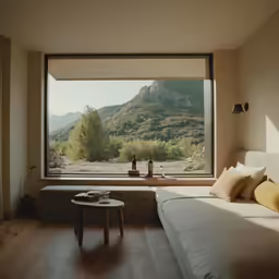 a bedroom is seen in the foreground with a mountain view