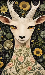 painting with goats and flowers on it