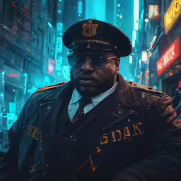 a man in uniform with a cane and hat stands outside on a street