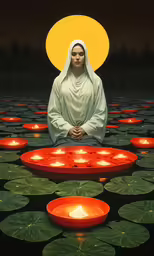 a painting of an nun and candles in water