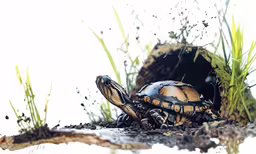 a turtle sitting on a rock in the middle of some grass