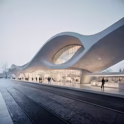 a large building that is next to some tracks