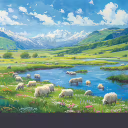 a painting of sheep graze in a field overlooking water,the view is of a river in a valley and the herd of sheep is near by