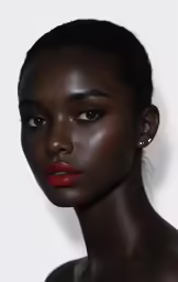 a close up of a womens face with a bun hairstyle