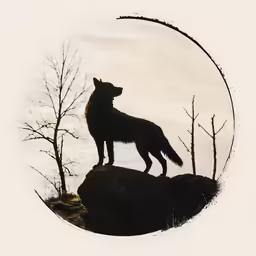 a silhouette of a wolf on a rock with a sky background