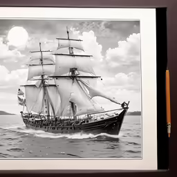 an old ship in the ocean with clouds overhead