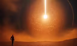 a man is looking at a huge disk shaped object