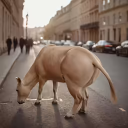 an animal bent over eating something in the street