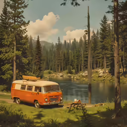 an orange van is parked next to some trees