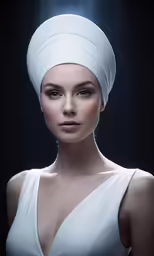 a model wears a turban headdress for a photo shoot