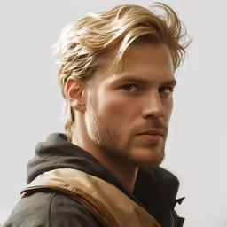 man with blond hair and coat on looking to the left