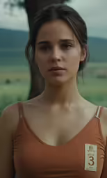 a woman wearing a brown tank top standing next to a tree