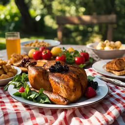 a turkey is surrounded by various platters of food