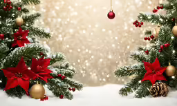 christmas ornaments hanging from a branch in the snow