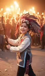 a girl in indian clothing holding a stick and smiling