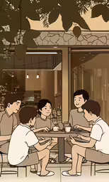 the image shows four people at a cafe