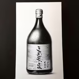 a black and white photo of a bottle of booze