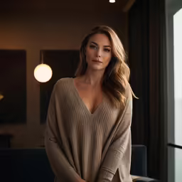 a woman in a sweater looks straight ahead