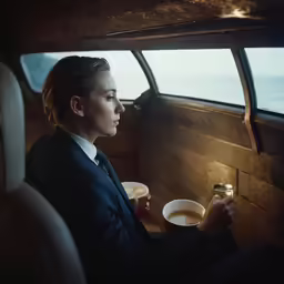 the woman in a suit is holding a cup and looking out of a vehicle window