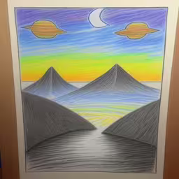 a drawing of a landscape with mountains and a sun