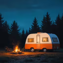an orange and white rv is on the shore near a campfire