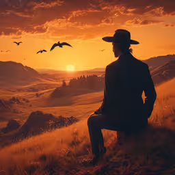 the man sits on a hill watching birds flying at sunset,man in a hat looking at birds flying over a hillside