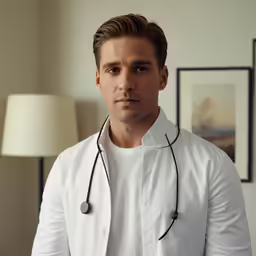 a man is standing in a room with a white coat