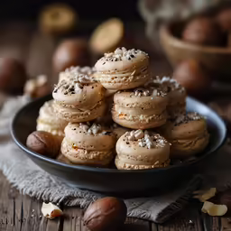 a plate of cookies on a table with nuts and flowers