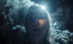 a woman is looking up at something floating in the sky