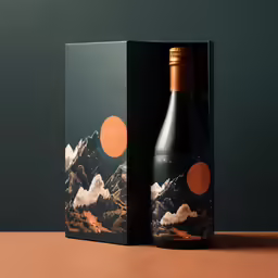 a bottle of wine with an orange label sits in front of a packaging box