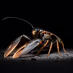 a large black and brown insect sitting on the ground