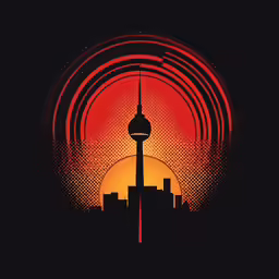 a sun and an orange and black background
