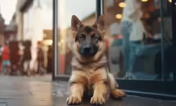 a dog sitting on the ground next to a building