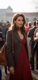 woman in red dress walking down street near crowd