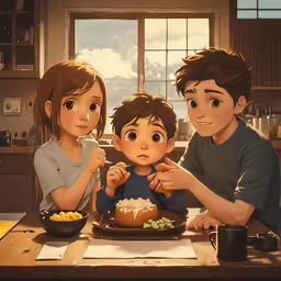 a family eating food on a kitchen table