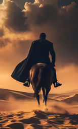 a man in a black coat riding on a brown horse