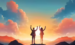 two people in front of mountains on a sunset with arms raised
