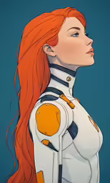 an animated woman wearing white with orange hair and metal armor