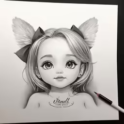 a pencil drawing of a little girl wearing ears and bows