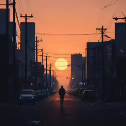 a person walking down a street as the sun sets