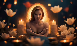 a nude woman sitting in front of candles