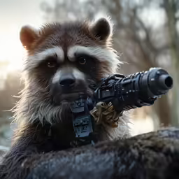 a rocket racoon holding a guns in its hand