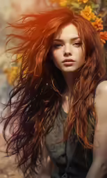 a girl with red hair standing next to yellow flowers