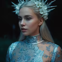a blonde woman wearing a white crown with flowers on it