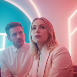 the woman is sitting behind a man in a white shirt