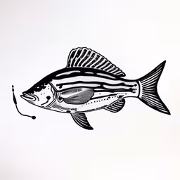 a fish that is painted on the back side of a wall,a fish with black lines on it and some water,this is an ink drawing of a fish,a fish is depicted in a black and white drawing,a painting of a striped fish in black and white