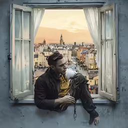 the man is sitting on the window ledge looking at a view