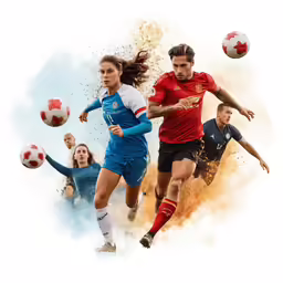 group of three young people in uniform kicking around soccer balls